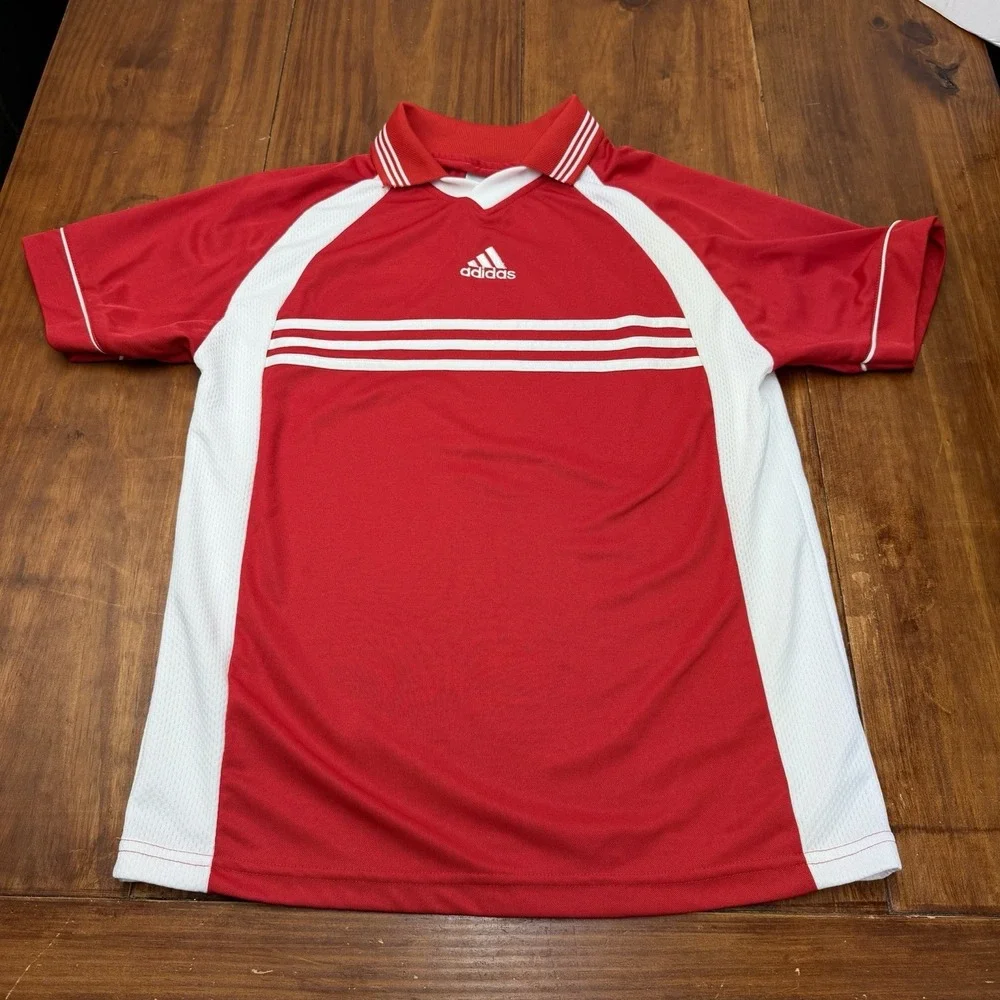 Adidas Soccer Jersey Men's Large Red White Classic 3 Stripe Short Sleeve
